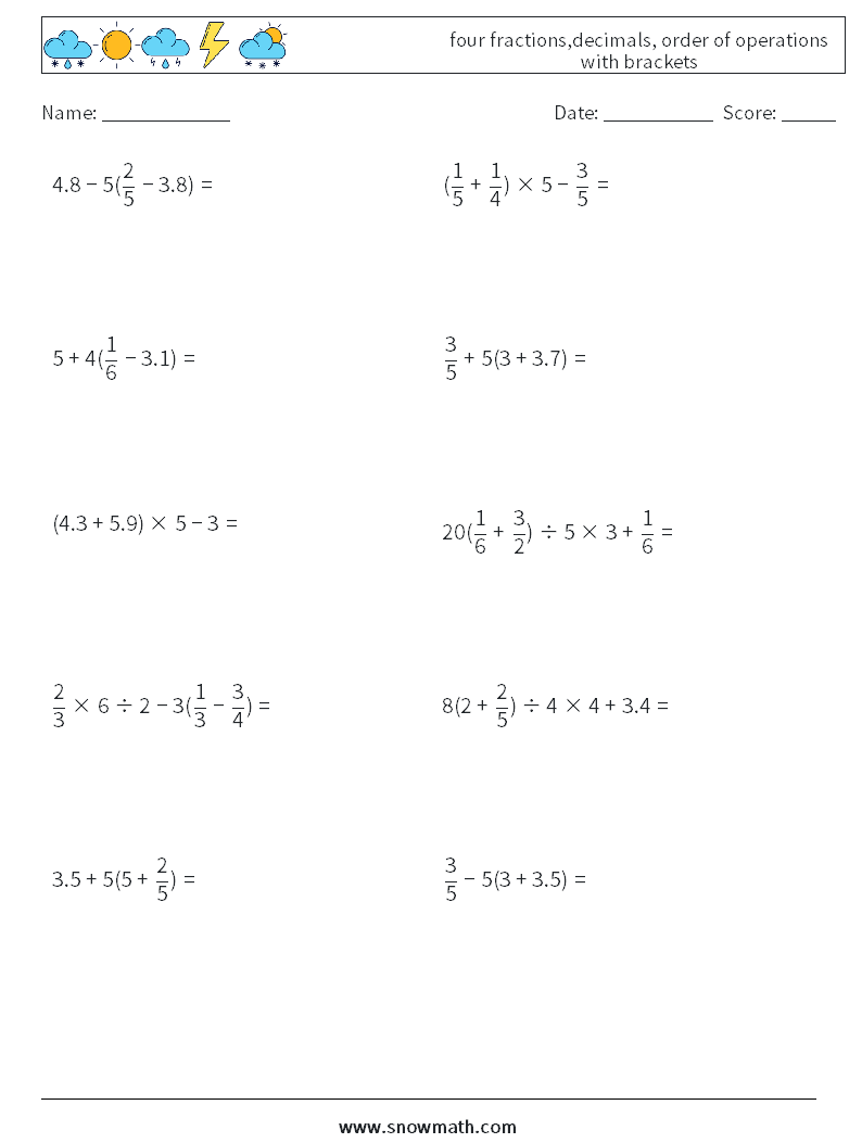 four fractions,decimals, order of operations with brackets Maths Worksheets 15