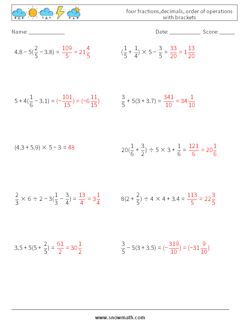 four fractions,decimals, order of operations with brackets Maths Worksheets 15 Question, Answer