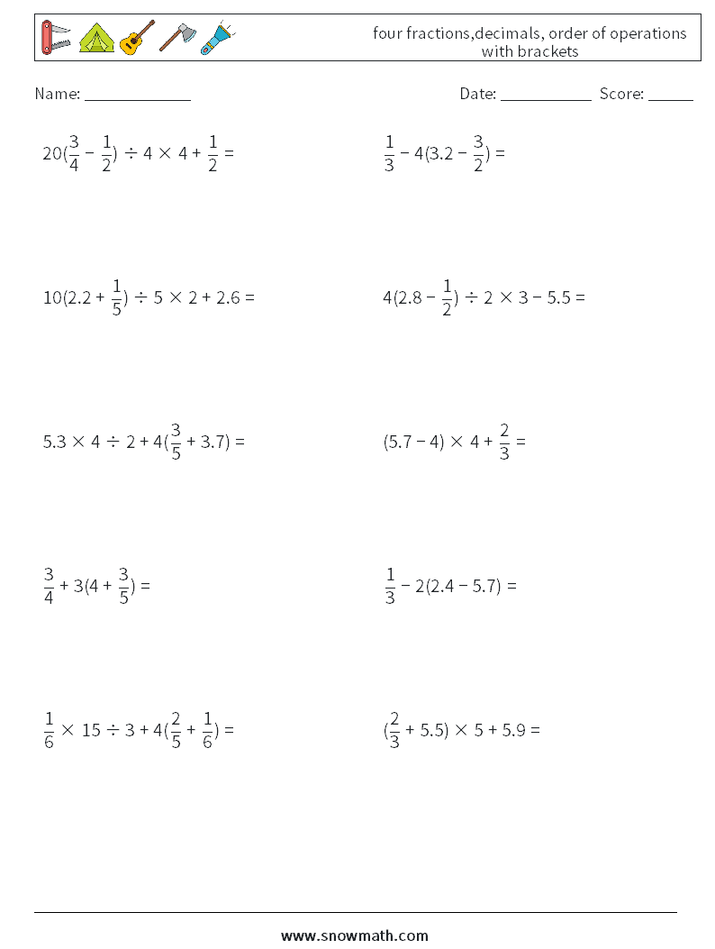 four fractions,decimals, order of operations with brackets Maths Worksheets 16