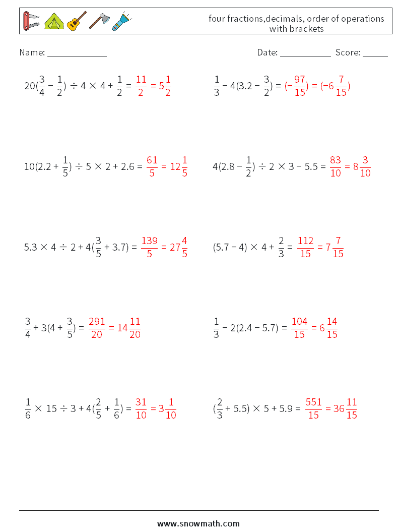 four fractions,decimals, order of operations with brackets Maths Worksheets 16 Question, Answer