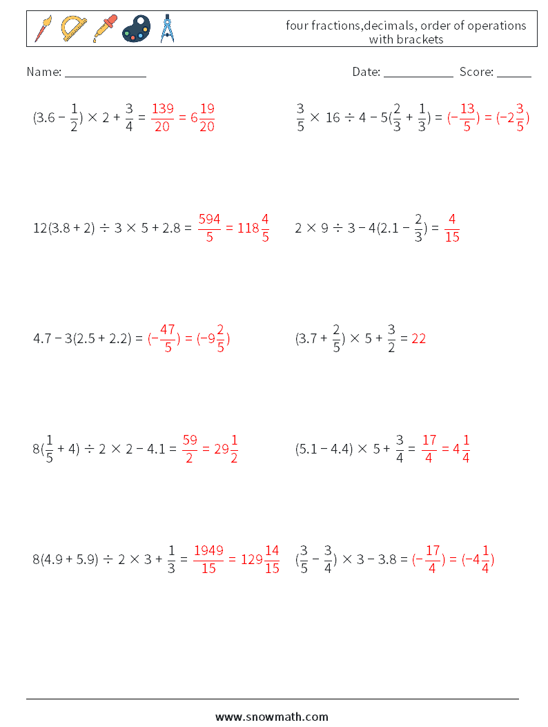 four fractions,decimals, order of operations with brackets Maths Worksheets 17 Question, Answer