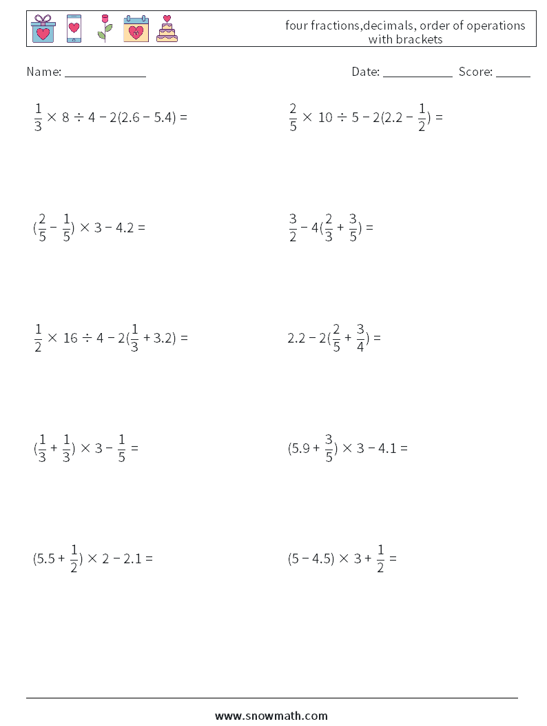 four fractions,decimals, order of operations with brackets Maths Worksheets 18