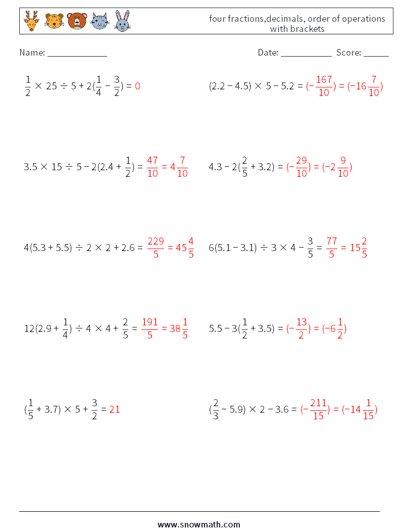 four fractions,decimals, order of operations with brackets Maths Worksheets 1 Question, Answer