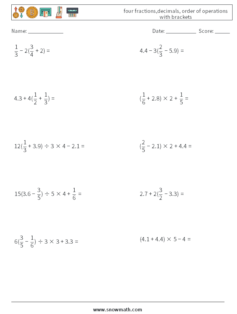 four fractions,decimals, order of operations with brackets Maths Worksheets 2