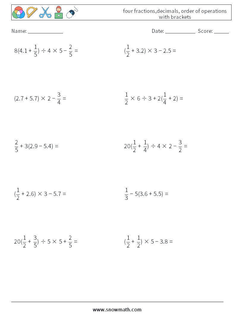 four fractions,decimals, order of operations with brackets Maths Worksheets 3