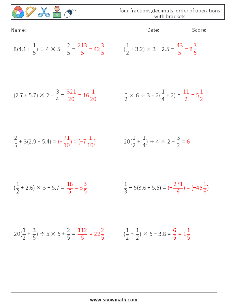 four fractions,decimals, order of operations with brackets Maths Worksheets 3 Question, Answer