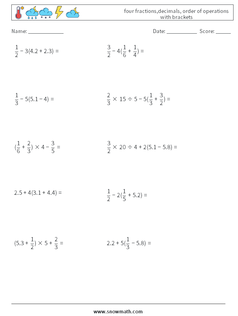 four fractions,decimals, order of operations with brackets Maths Worksheets 4