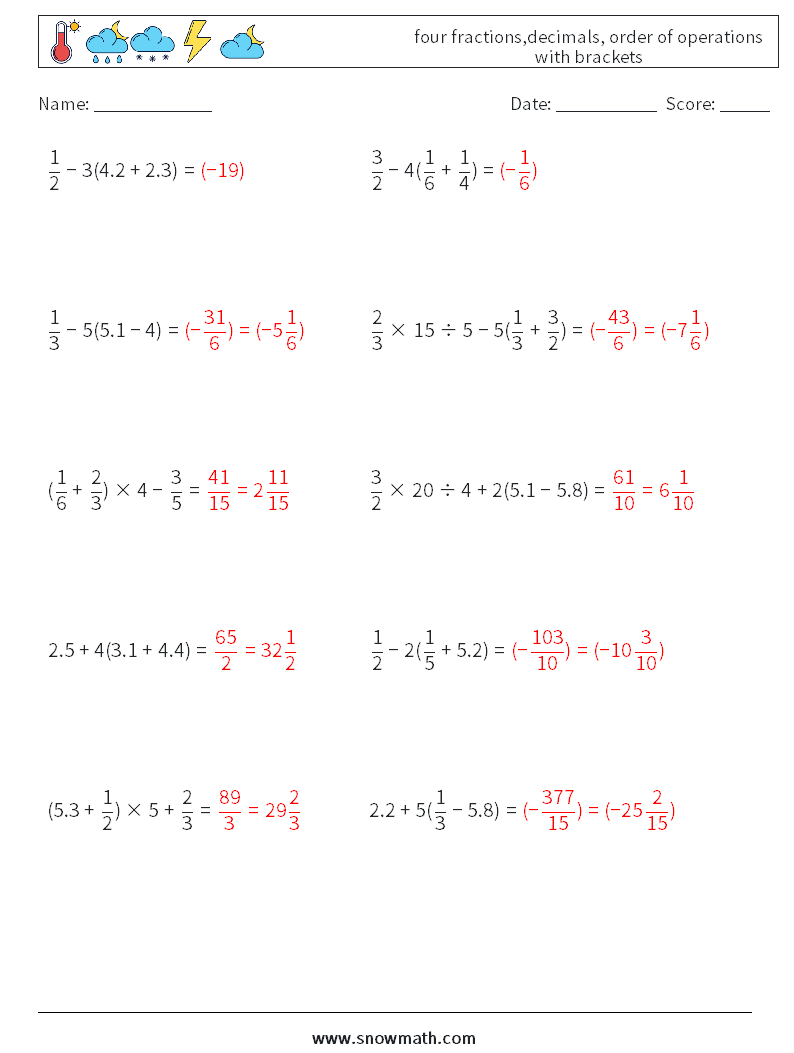 four fractions,decimals, order of operations with brackets Maths Worksheets 4 Question, Answer