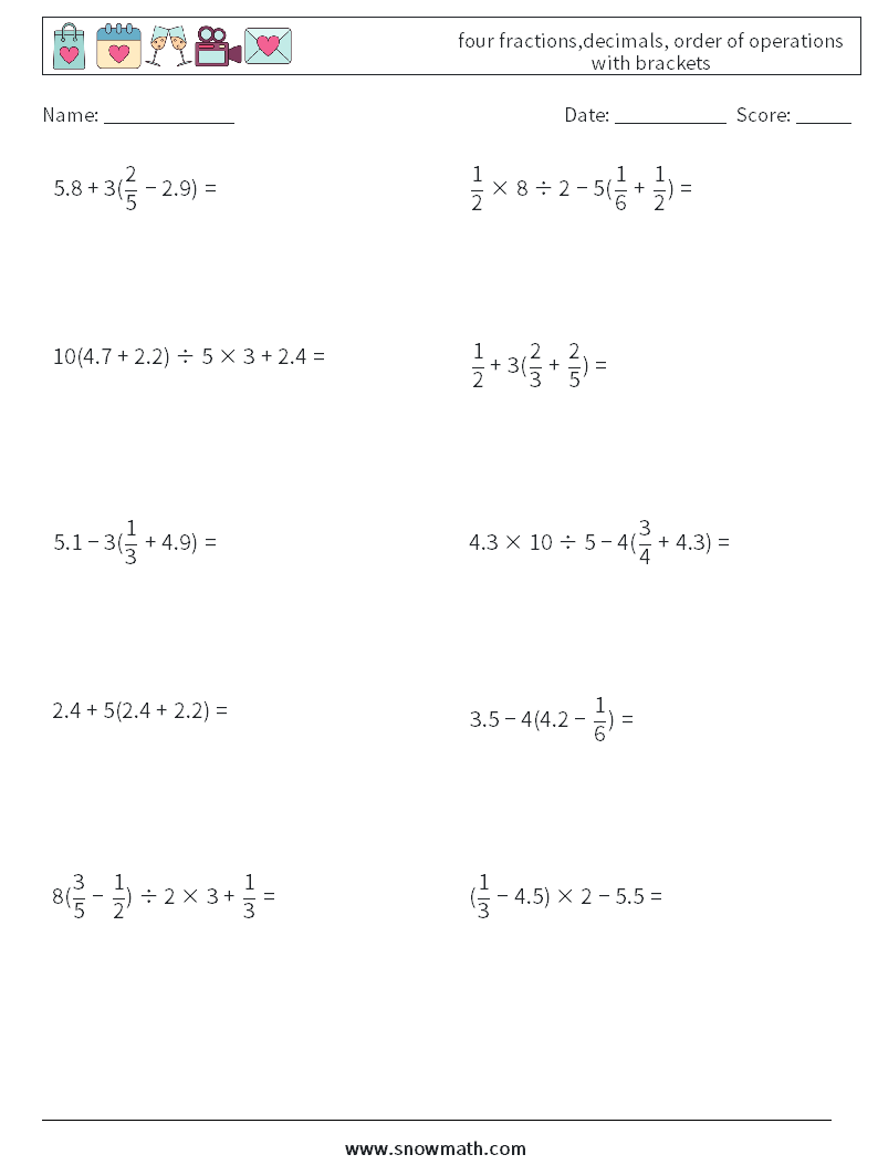 four fractions,decimals, order of operations with brackets Maths Worksheets 5