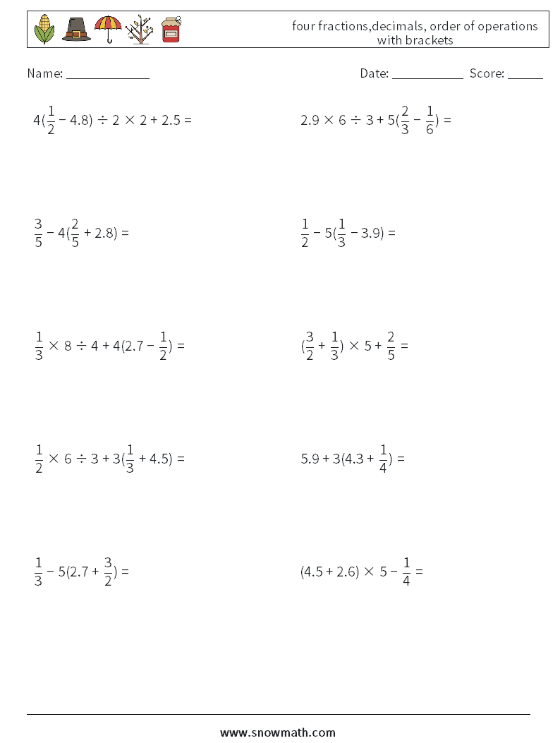 four fractions,decimals, order of operations with brackets Maths Worksheets 6