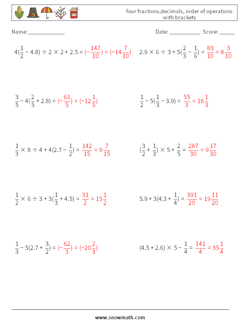 four fractions,decimals, order of operations with brackets Maths Worksheets 6 Question, Answer