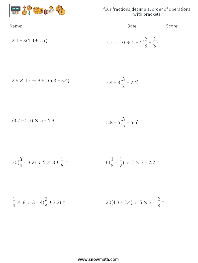 four fractions,decimals, order of operations with brackets Maths Worksheets 7