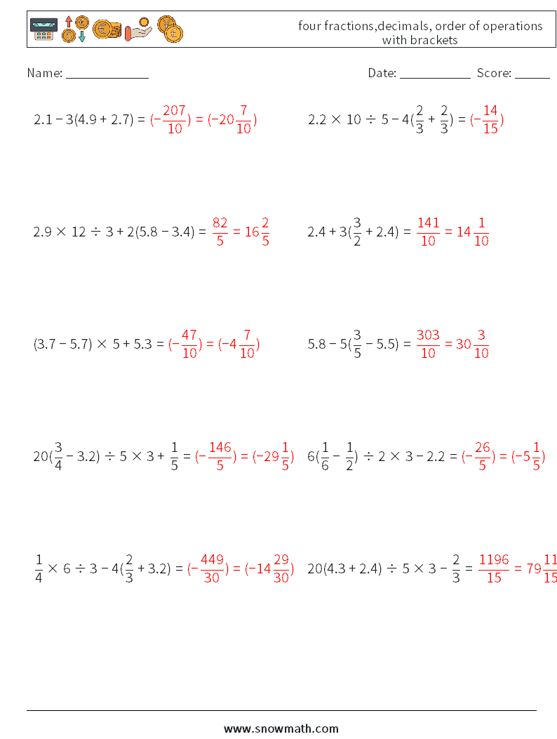 four fractions,decimals, order of operations with brackets Maths Worksheets 7 Question, Answer