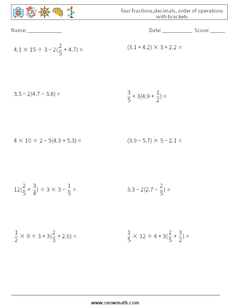 four fractions,decimals, order of operations with brackets Maths Worksheets 8