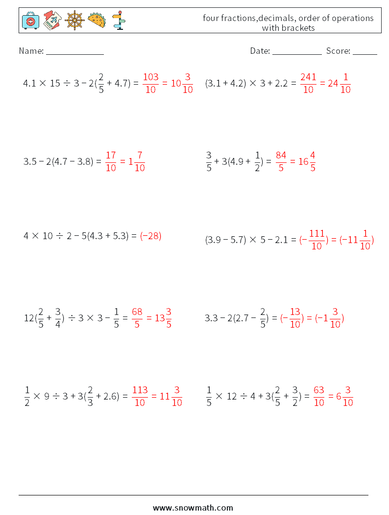 four fractions,decimals, order of operations with brackets Maths Worksheets 8 Question, Answer