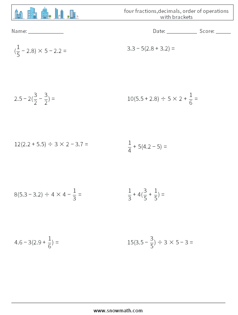 four fractions,decimals, order of operations with brackets Maths Worksheets 9