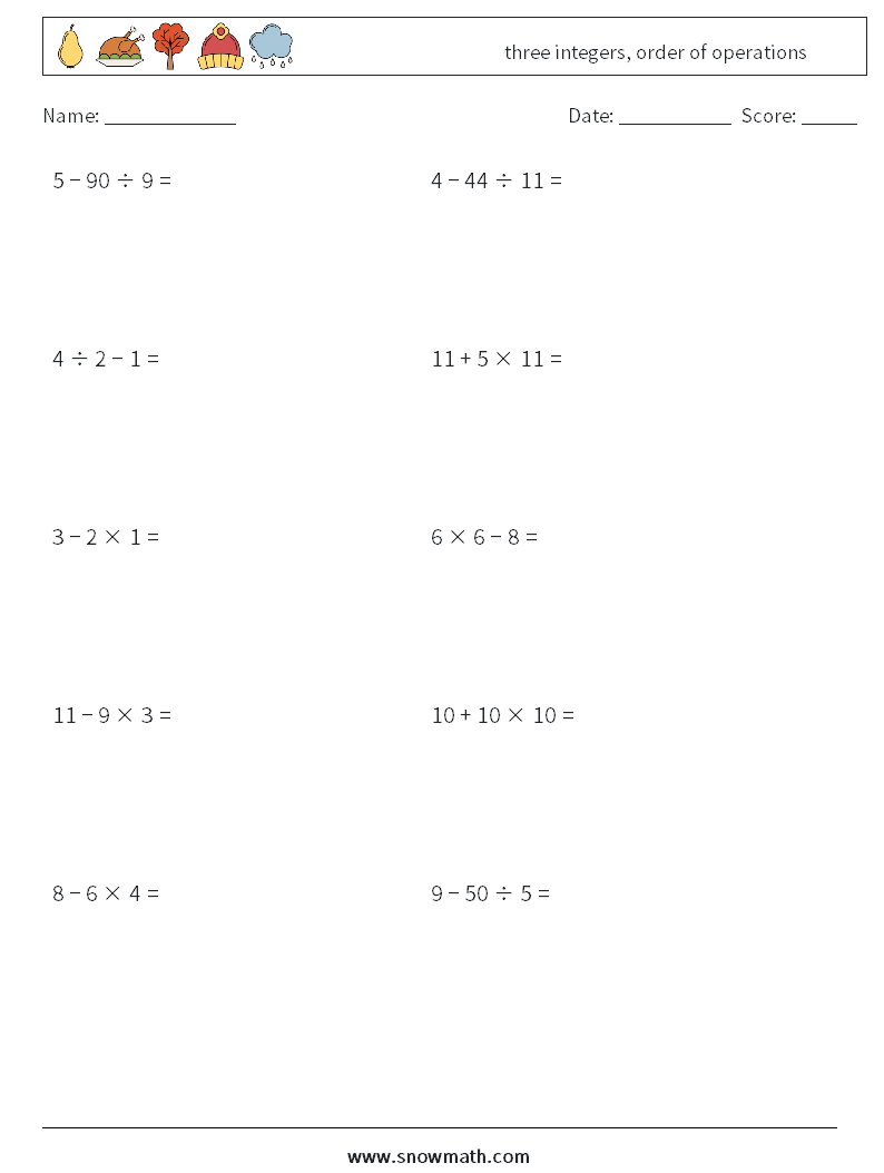 three integers, order of operations Maths Worksheets 1