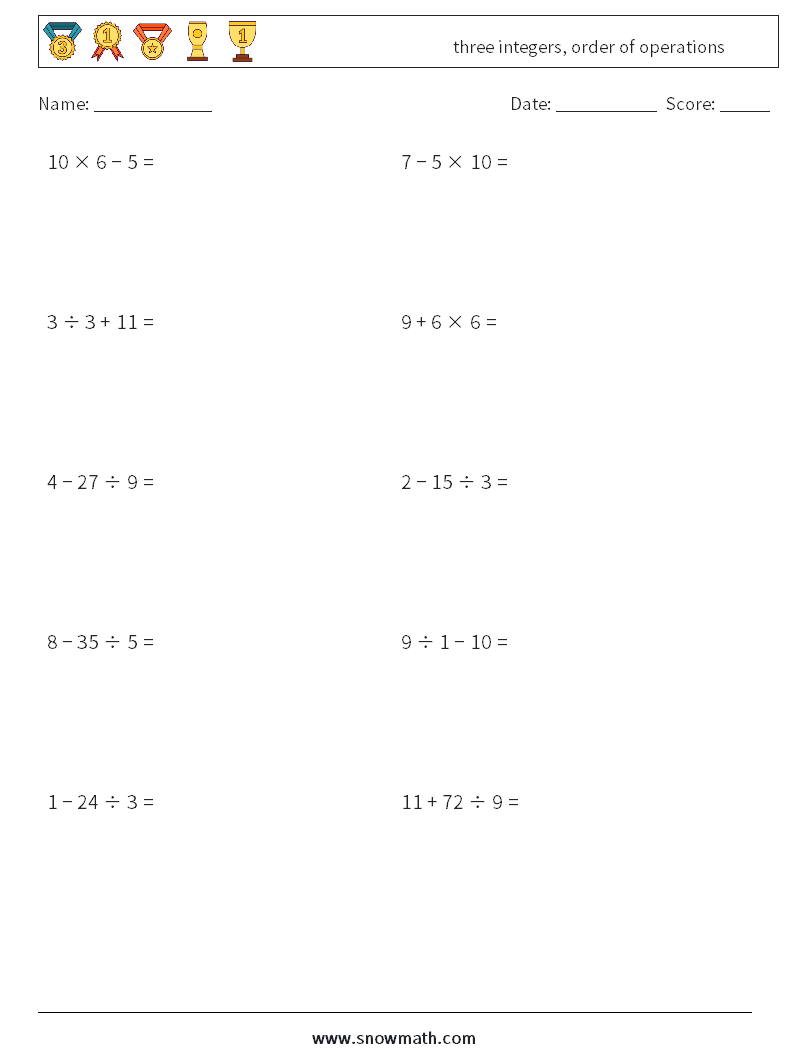 three integers, order of operations Maths Worksheets 10