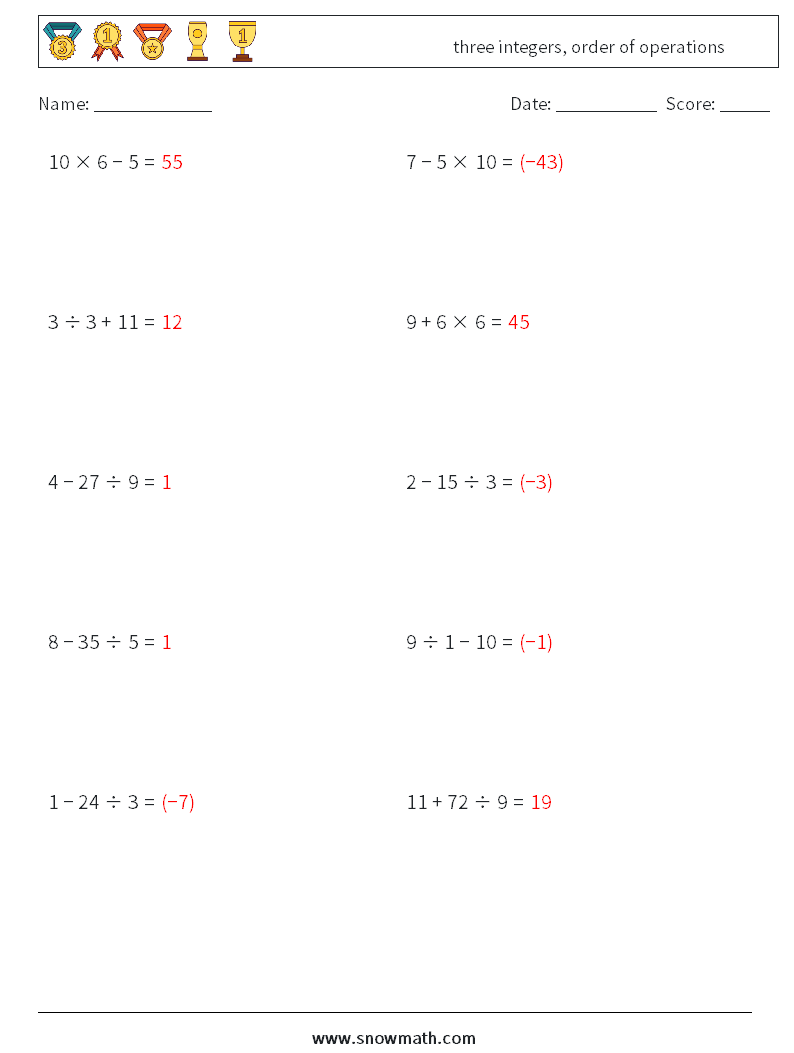 three integers, order of operations Maths Worksheets 10 Question, Answer