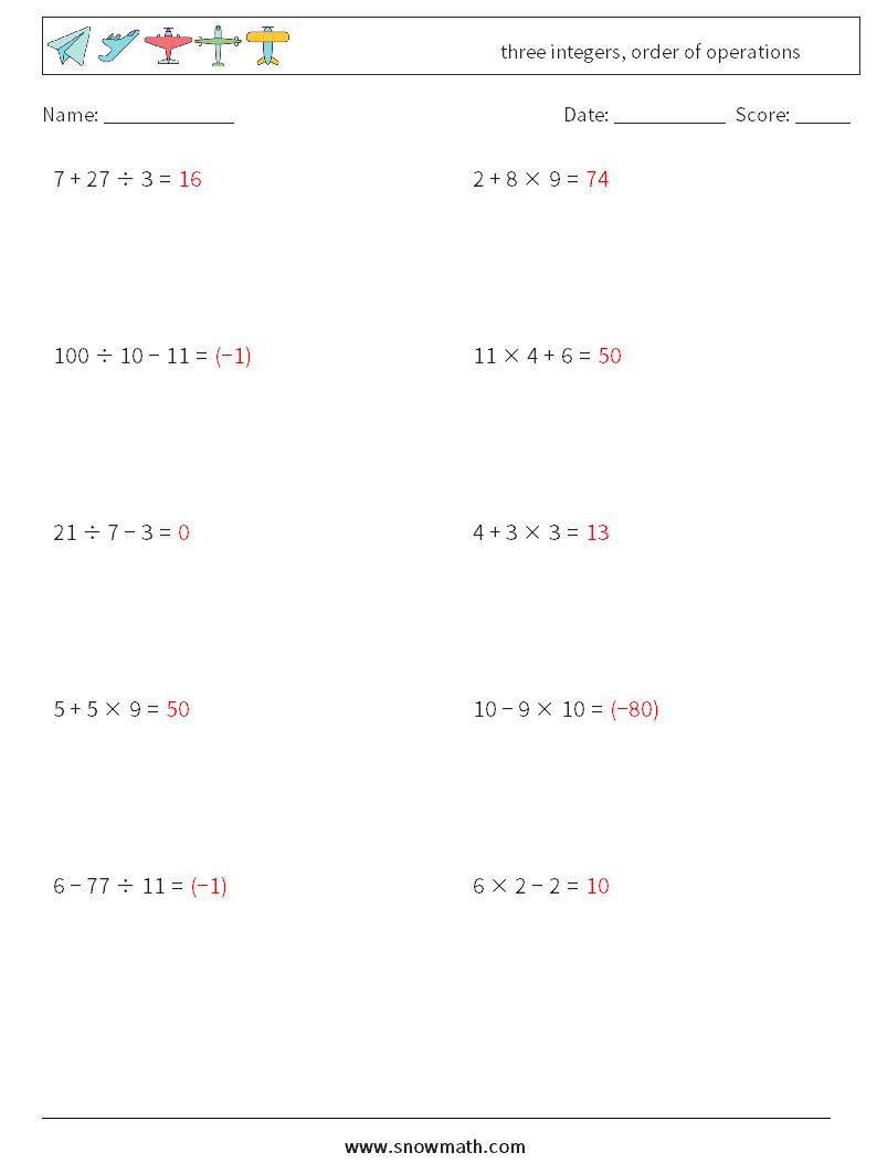 three integers, order of operations Maths Worksheets 11 Question, Answer