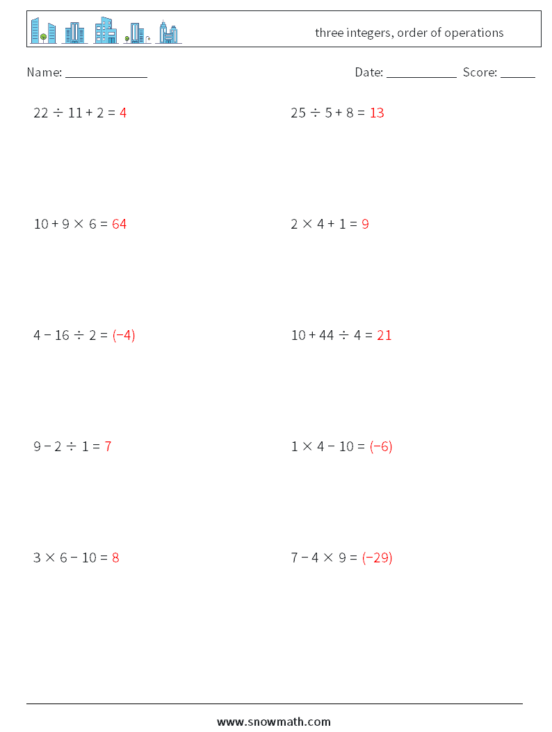 three integers, order of operations Maths Worksheets 12 Question, Answer