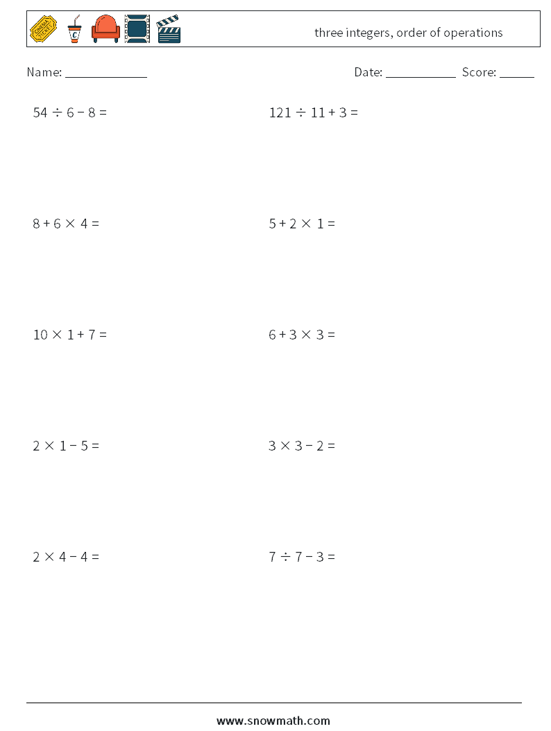 three integers, order of operations Maths Worksheets 13