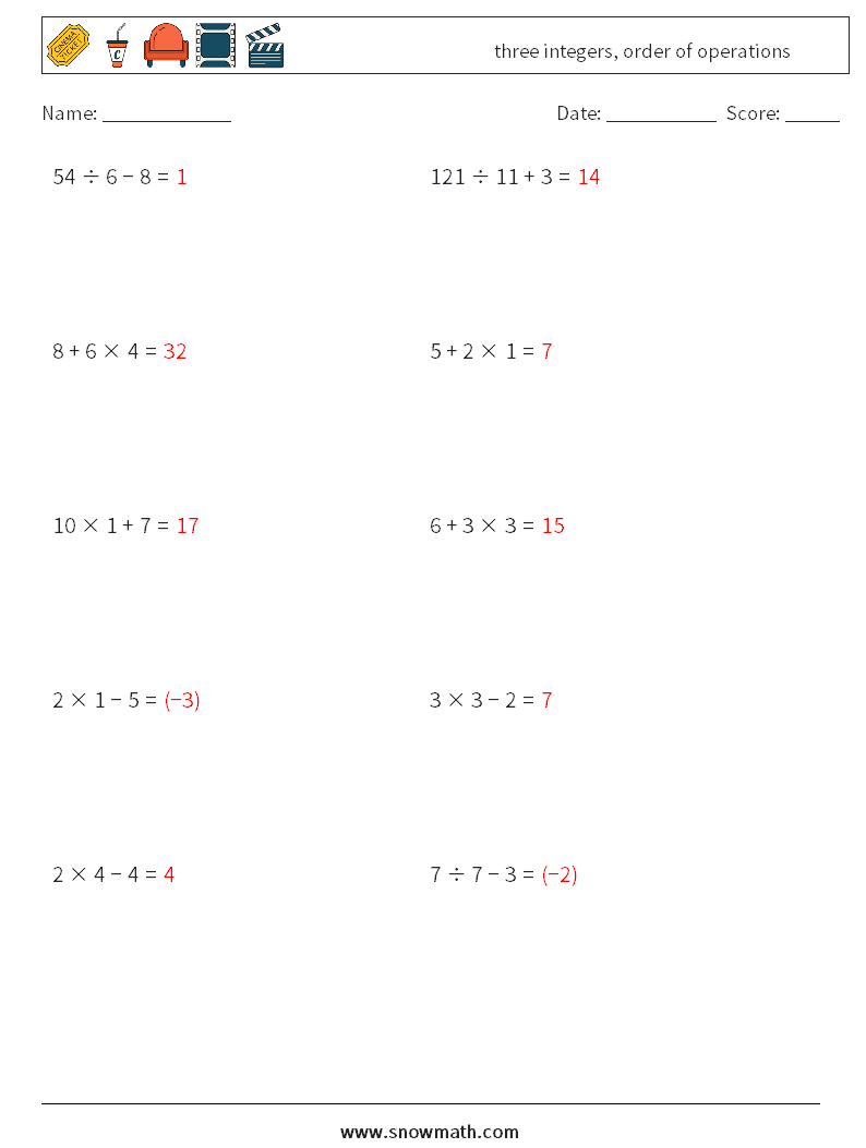 three integers, order of operations Maths Worksheets 13 Question, Answer