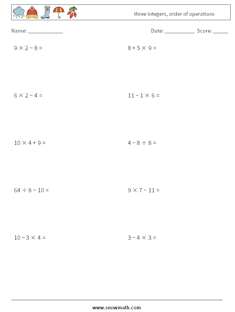 three integers, order of operations Maths Worksheets 14