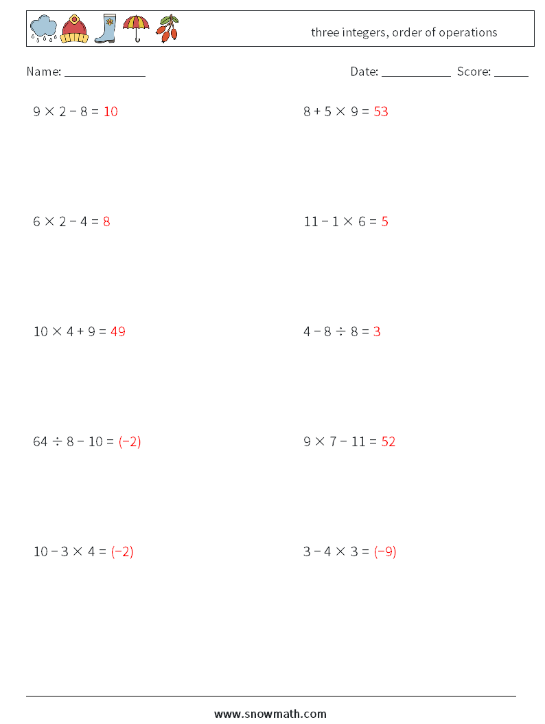 three integers, order of operations Maths Worksheets 14 Question, Answer
