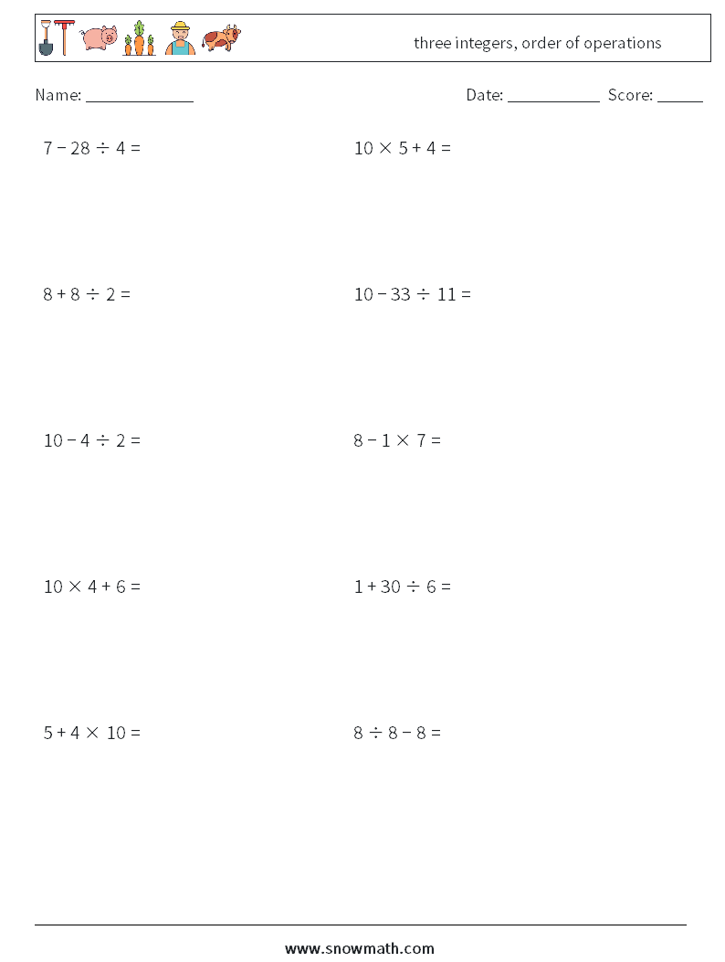 three integers, order of operations Maths Worksheets 15