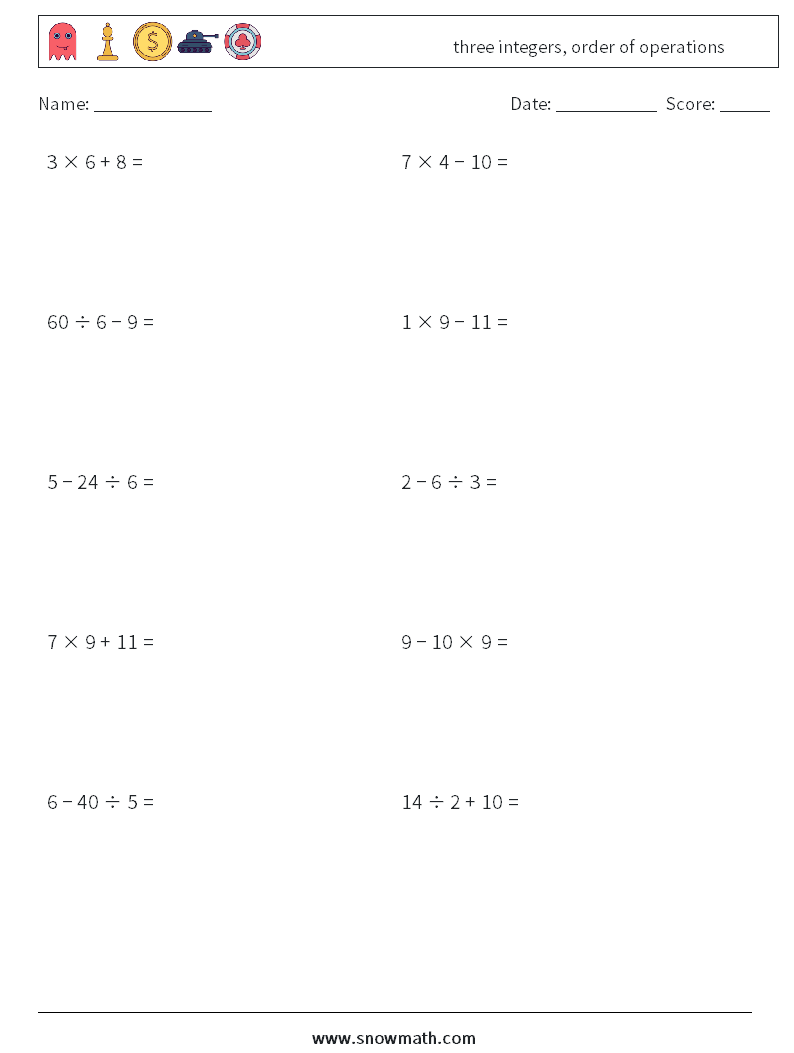 three integers, order of operations Maths Worksheets 16