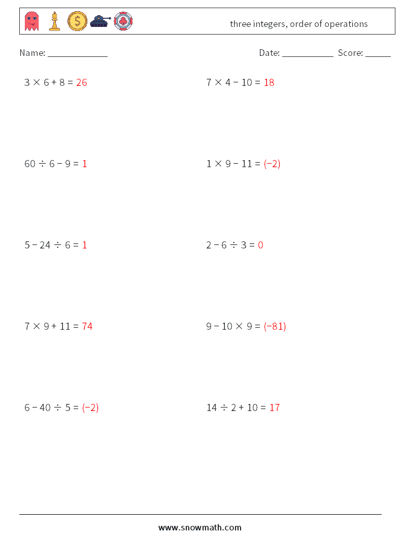three integers, order of operations Maths Worksheets 16 Question, Answer