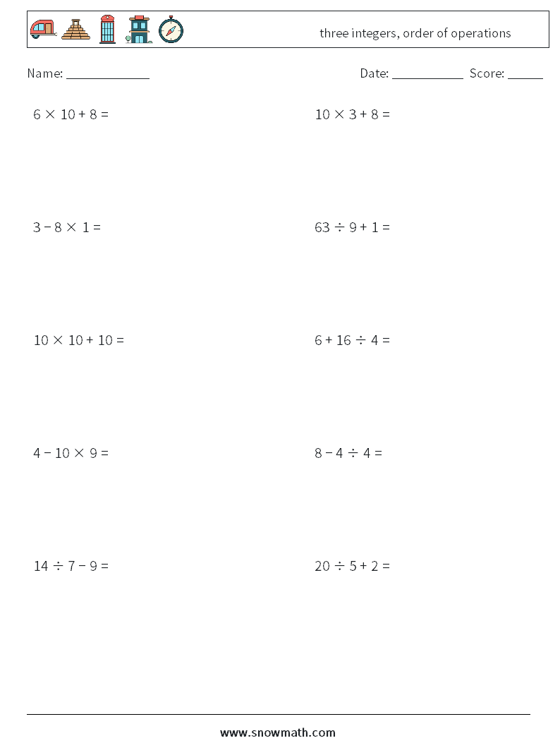 three integers, order of operations Maths Worksheets 17