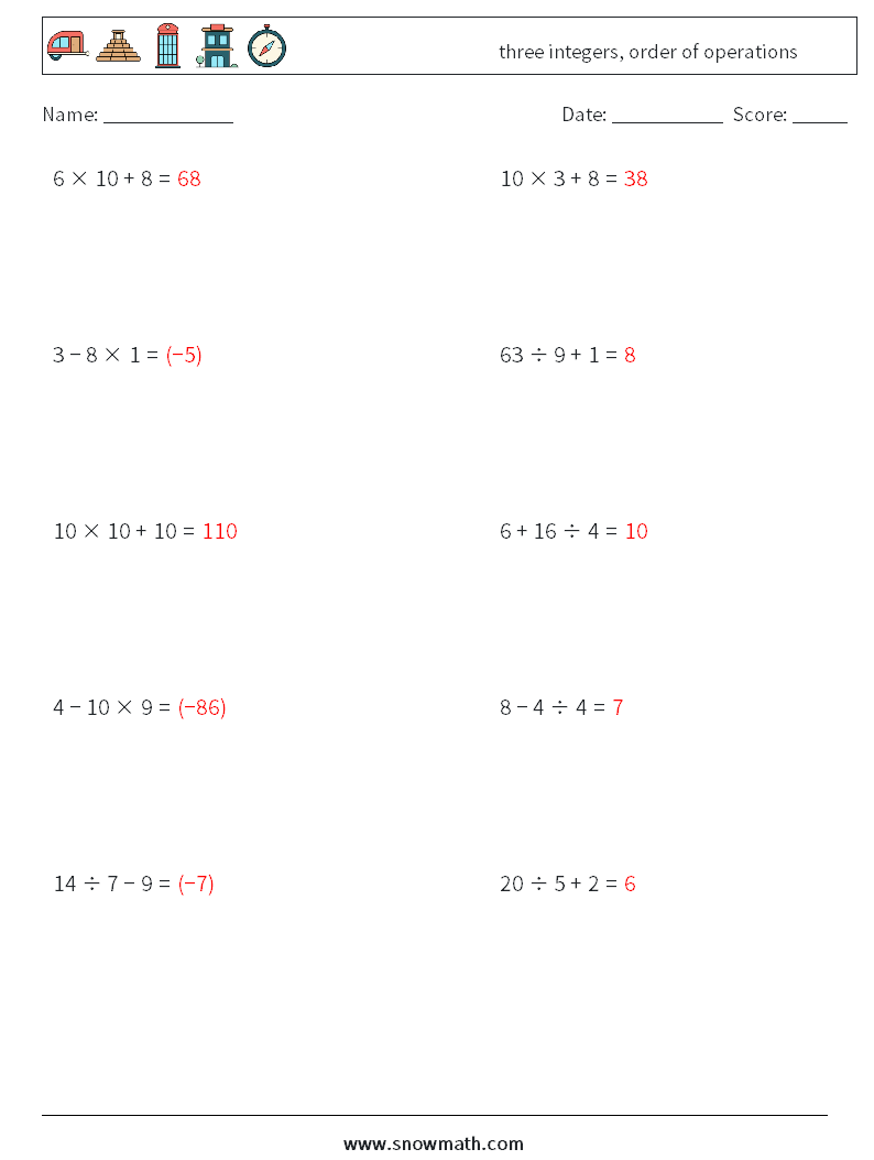 three integers, order of operations Maths Worksheets 17 Question, Answer
