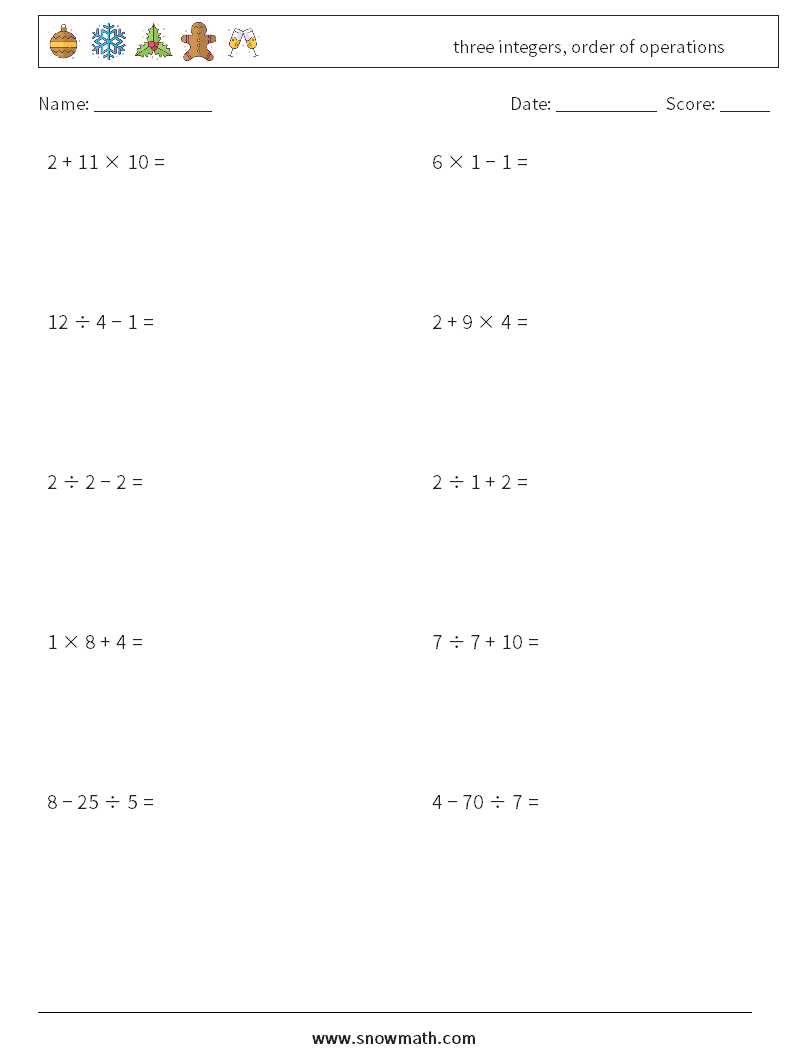 three integers, order of operations Maths Worksheets 18