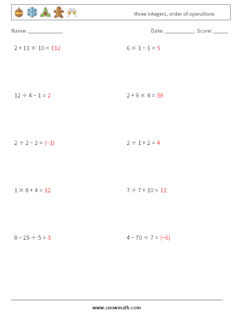 three integers, order of operations Maths Worksheets 18 Question, Answer