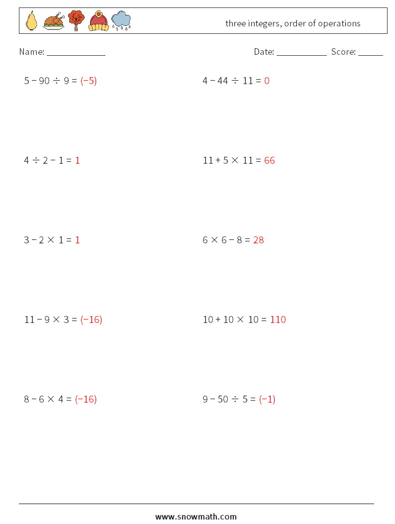 three integers, order of operations Maths Worksheets 1 Question, Answer