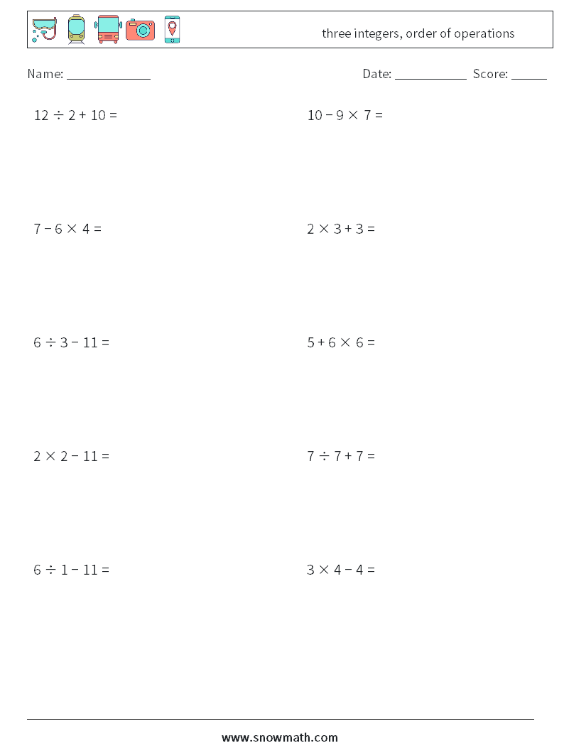 three integers, order of operations Maths Worksheets 3
