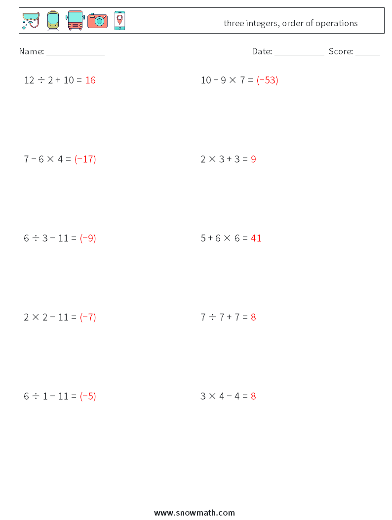 three integers, order of operations Maths Worksheets 3 Question, Answer