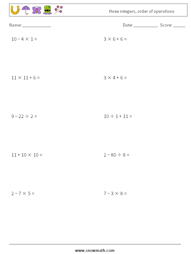 three integers, order of operations Maths Worksheets 4