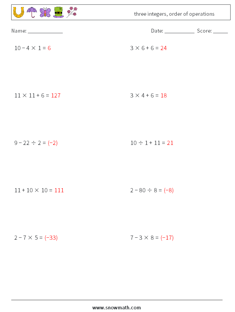 three integers, order of operations Maths Worksheets 4 Question, Answer