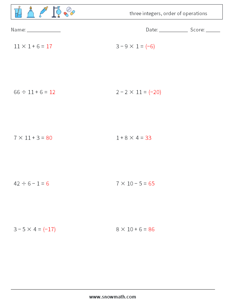 three integers, order of operations Maths Worksheets 5 Question, Answer