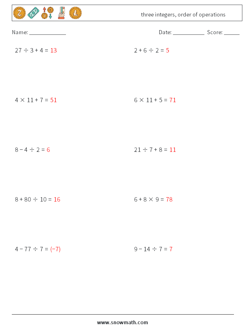 three integers, order of operations Maths Worksheets 6 Question, Answer