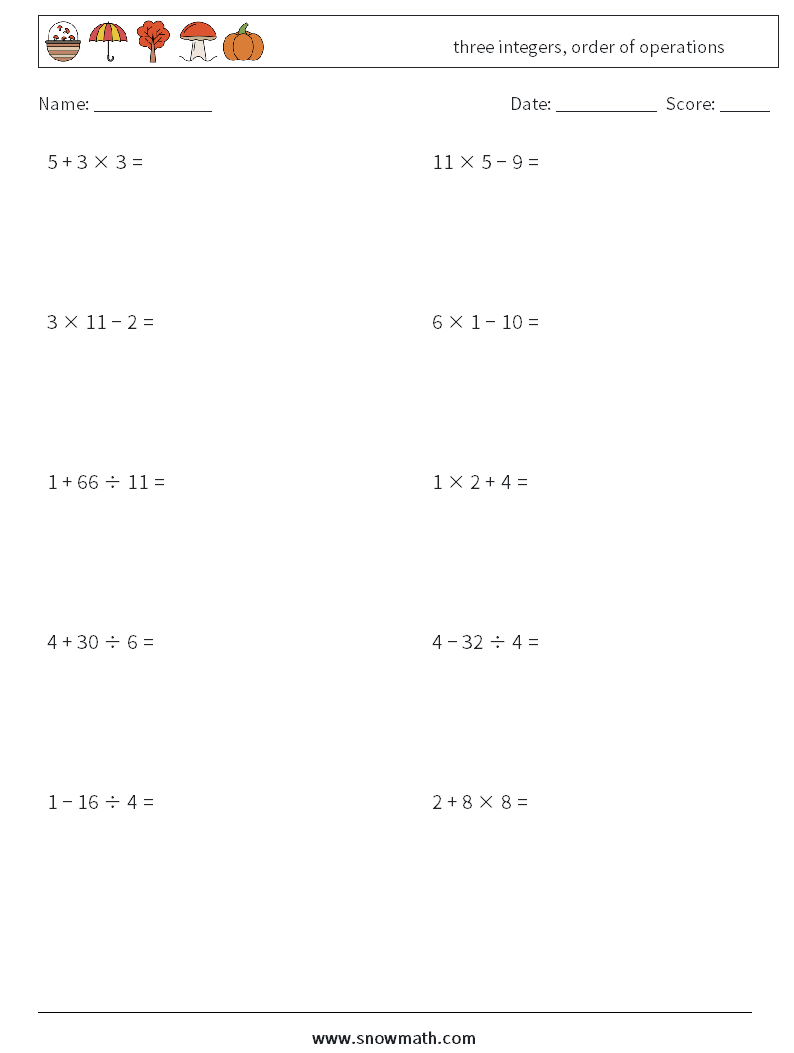 three integers, order of operations Maths Worksheets 7