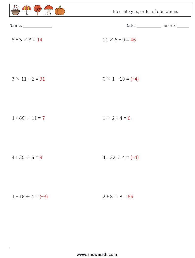 three integers, order of operations Maths Worksheets 7 Question, Answer