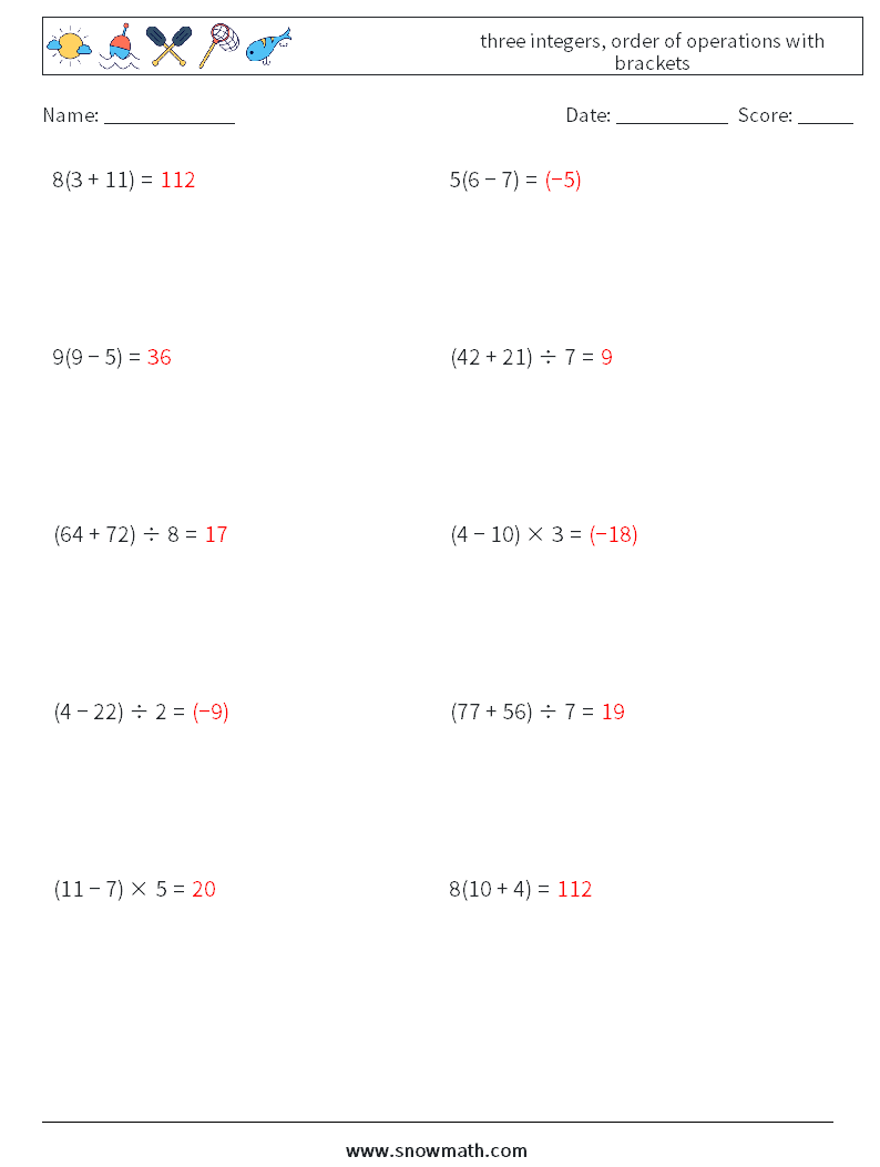 three integers, order of operations with brackets Maths Worksheets 15 Question, Answer