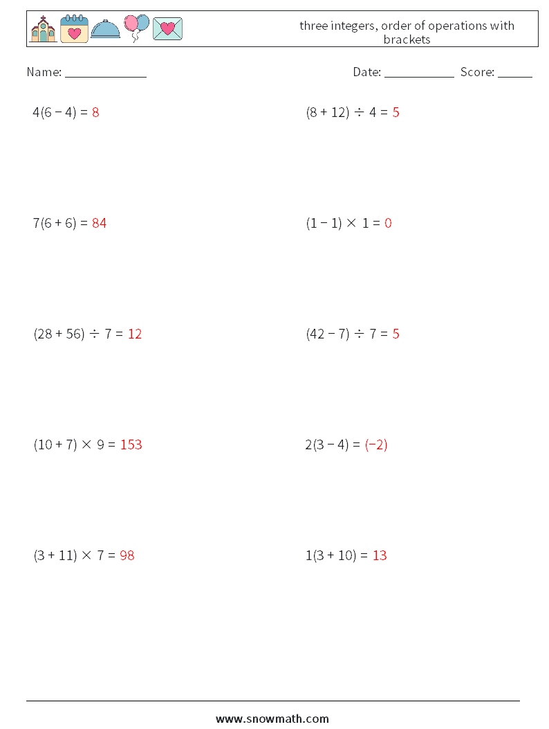 three integers, order of operations with brackets Maths Worksheets 2 Question, Answer