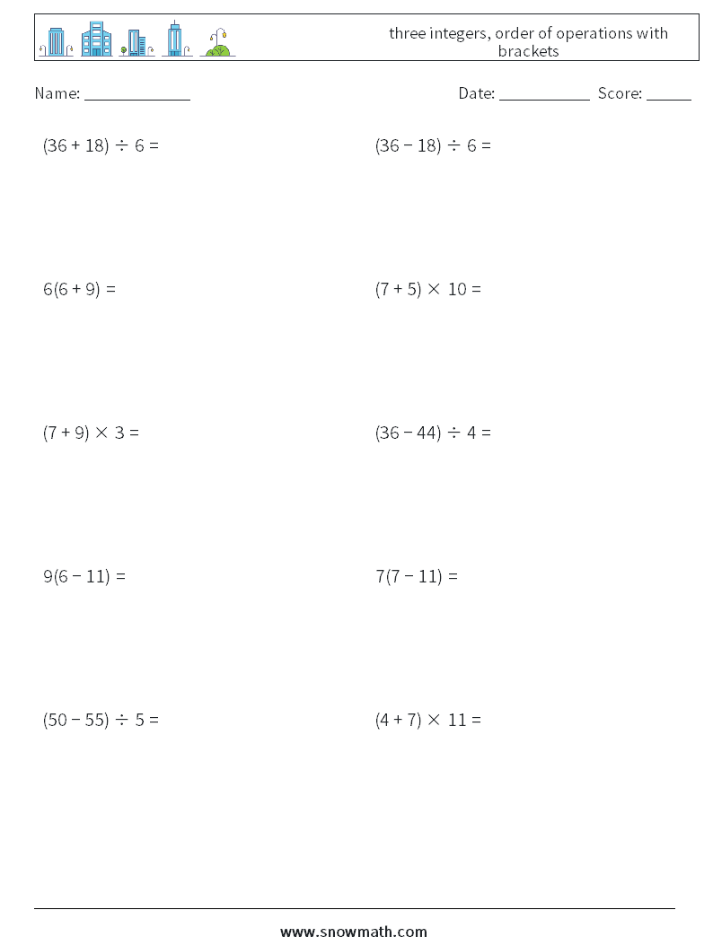 three integers, order of operations with brackets Maths Worksheets 7