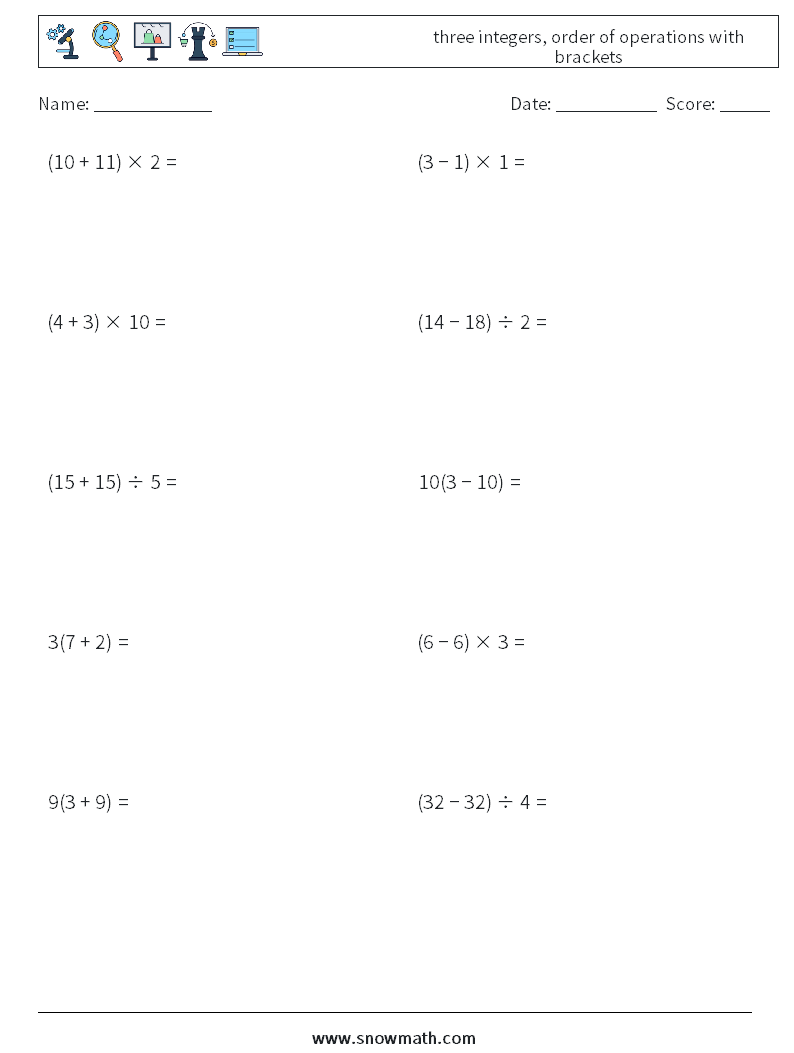 three integers, order of operations with brackets Maths Worksheets 9