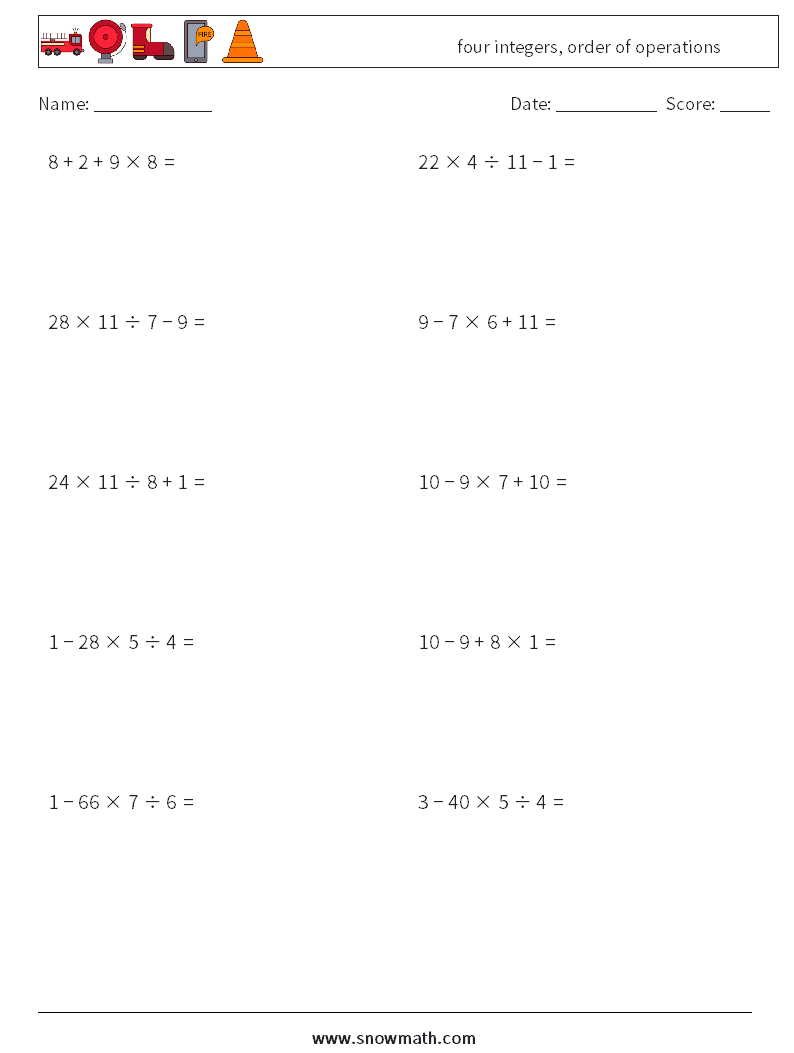 four integers, order of operations Maths Worksheets 1